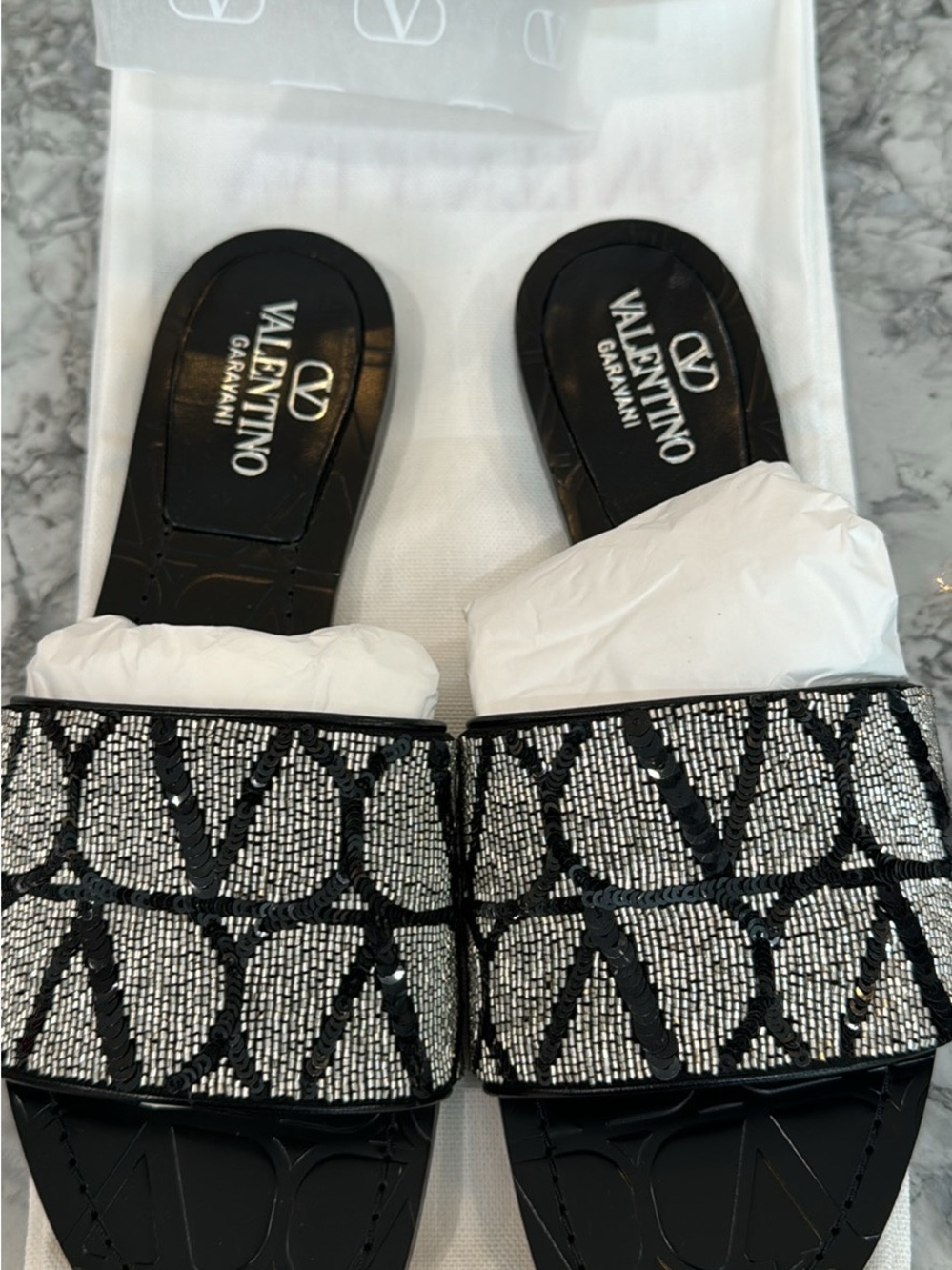 Valentino Garavani Black & Silver Beaded Slide Mules